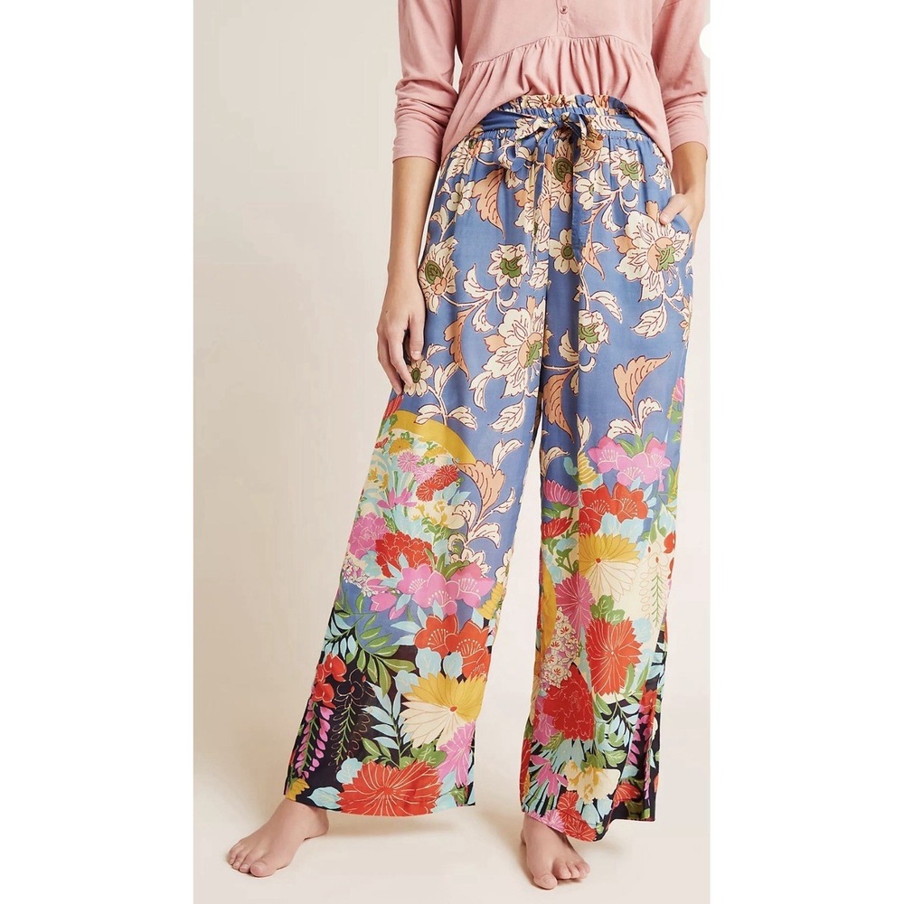 NEW Anthropologie Leilani Floral Wide Leg Pants Blue Boho‎ Vibrant Trouser Sz M